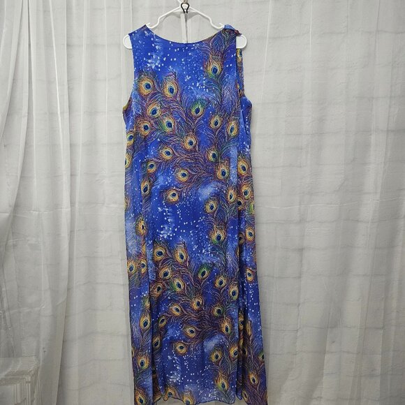 Wantdo Maxi Dress Blue Peacock Sleeveless Chiffon Shift Artsy 14 FLAW - Picture 3 of 10